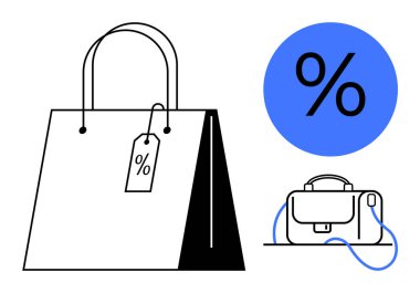 İndirimli etiketli alışveriş çantası, bir el çantası ve büyük bir yüzde mavi sembol. Perakende, e-ticaret, moda satışları, promosyonlar, pazarlama kampanyaları, indirimler ve tatil satışları için ideal. Çizgi
