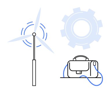 Rüzgar türbini güç üretiyor, şarj kablosu olan evrak çantası, arka planda çark. Yenilenebilir enerji, sürdürülebilirlik, temiz teknoloji, yenilik, yeşil iş, çevre projeleri için ideal