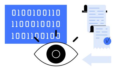 Büyük göz, gözetlemeyi, büyük bir ikili kod bloğunu ve işaretli kağıt makbuzlarını simgeler. Veri güvenliği, kodlama, otomasyon, finans, teknoloji, siber güvenlik için ideal. Basit modern biçim