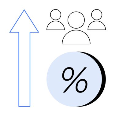 Yukarıyı gösteren büyük bir ok, yukarıyı gösteren üç kişi ve dairenin içindeki yüzde sembolü. Ticari büyüme, takım işbirliği, mali analiz, satış artışı ve hedef başarı için ideal