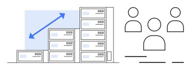 Sunucu yığınlarının boyutu artıyor, bu da büyümeyi gösteriyor, yanında kullanıcı simgeleri var. Bulut depolama, bilişim altyapısı, sunucu yönetimi, veri ölçekleme, kullanıcı erişimi, şirket çözümleri için ideal