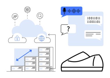 Sunucuları olan bulut depolama, güvenlik kilidi ve küresel ağ simgeleri. Konuşma tanıma, ikili kod ve mesajlaşma sembolleri. IT, veri yönetimi, güvenlik, iletişim, yapay zeka, teknoloji için ideal