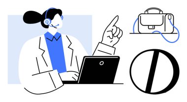 Müşteri hizmetleri temsilcisi kulaklık takıyor, dizüstü bilgisayar kullanıyor ve yukarıya bakıyor. Yanında omuz askısı ve pasta grafiği olan çanta. Teknik destek, iş hizmetleri, kurumsal destek için ideal