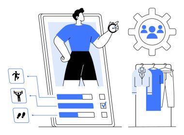 Large smartphone with a male user avatar, fitness activity icons, progress bars, settings gear, and clothing rack. Ideal for mobile app design, health tracking, user interface, fitness clipart