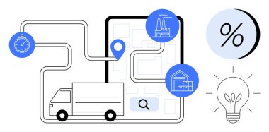 Haritada GPS pimi olan bir kamyon. Fabrikaları, depoları, kronometreyi, yüzde işaretini, ampulü gösteriyor. Lojistik, tedarik zinciri, dağıtım optimizasyonu, iş planlaması, verimlilik için ideal