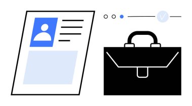 Bir evrak çantasının yanında profil simgesi ile devam et. İş başvuruları, kariyer hizmetleri, İK materyalleri, iş sunumları, işe alım kampanyaları, profesyonel portföyler, kariyer rehberliği için ideal. Çizgi