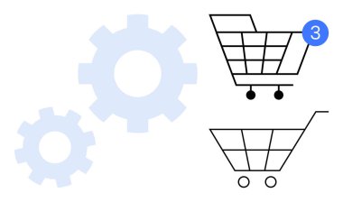 Vitesli alışveriş arabaları, 3 numaralı rozeti olan bir araba. E-ticaret, online alışveriş, otomasyon, satış, envanter yönetimi, alışveriş arabası işlevselliği için ideal. Çizgi