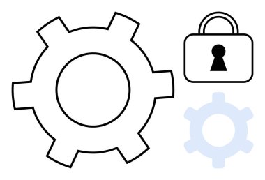 Güvenlik ve teknoloji kavramını vurgulayan kilit ve anahtar delikli büyük ve küçük vitesler. IT, mühendislik, veri koruması, mekanik, siber güvenlik, sanayi süreçleri için ideal