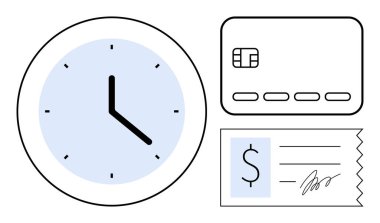 Saatin yüzü saati, kredi kartı ve imzalı makbuzu gösteriyor. İş teslim tarihleri, finans dakikliği, zamanında ödemeler, bütçe yönetimi, e-ticaret bankacılığı ve işlem kayıtları için ideal. Çizgi