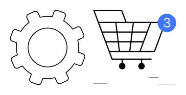 Bir alışveriş arabasının yanında 3 tane rozet var. E-ticaret, ayarlar, tebligatlar, uyarılar, alışveriş, arayüz tasarımı, çevrimiçi mağazalar için ideal. Satır metaforu