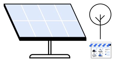 Güneş paneli gökyüzüne doğru açılı, minimalist ağaç, güneşlikli vitrin. Yenilenebilir enerji, çevre dostu yaşam, yeşil teknoloji, sürdürülebilir perakende, çevresel koruma, temiz