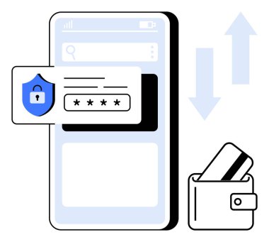 Akıllı telefon parola korumalı giriş ekranını gösteriyor. Kredi kartlı cüzdan ve işlemleri gösteren yukarıdan oklu oklar. Güvenlik, finans, bankacılık, e-ticaret, mobil uygulamalar için ideal