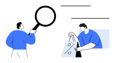Elinde büyüteç tutan bir kişi ve içinde indirim işareti olan bir çanta alan başka bir kişi. Araştırma için ideal, online alışveriş, e-ticaret, arama, indirim teklifleri, satış promosyonları, perakendeciler. Çizgi