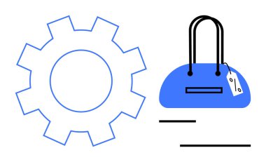 Fiyat etiketli şık bir el çantasının yanında vites simgesi. E-ticaret, perakende satış, ürün yönetimi, alışveriş uygulamaları, fiyatlandırma stratejileri, perakende satış teknolojisi, dijital pazarlama için idealdir. Satır metaforu