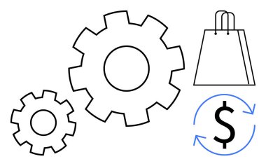 İşletme entegrasyonunu temsil eden dişliler, perakende için alışveriş çantası ve mali işlemler için para birimi simgesi. Ticaret, iş operasyonları, e-ticaret, finans, otomasyon, süreç için ideal