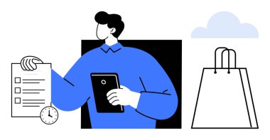Elinde kontrol listesi ve tablet tutan bir adam, saatin ve alışveriş çantasının yanında duruyor. Üretkenlik, zaman yönetimi, alışveriş, görev yönetimi, iş planlaması, perakende satış için ideal. Satır metaforu