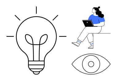 Dizüstü bilgisayarı, büyük ışıklı ampulü ve göz sembolü olan bir kadın. Yaratıcılık için ideal, yenilik, evden çalışma, üretkenlik, teknoloji, araştırma, odaklanma. Satır metaforu