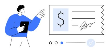 Tablet puanlarını elinde tutan kişi büyük dolar işareti ile mali belgeye bakıyor. Finans, ticaret, işlemler, sertifikalar, dijital onaylar, belge işleme ve eğitim için ideal. Satır metaforu