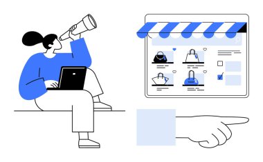 Teleskop kullanan bir kadın dizüstü bilgisayarında e-ticaret ürünleri, şemsiyeli güneşlikler ve işaret eden bir el görüyor. Çevrimiçi alışveriş, e-ticaret, dijital pazarlama, ürün için ideal