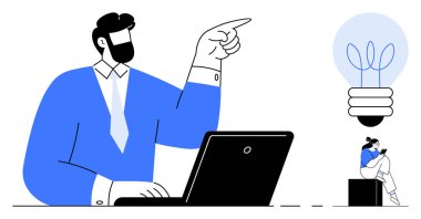 İşadamı dizüstü bilgisayarda yazarken işaret ediyor. Büyük ampul ve küçük insan düşüncesi. Yenilik, yaratıcılık, iş planları, stratejiler, liderlik, girişimcilik motivasyonu için idealdir. Işık