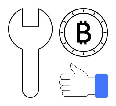 Büyük ingiliz anahtarı, Bitcoin sembolü para ve iyi niyet göstergesi. Kripto para birimi, engelleme zinciri, dijital finans, teknik destek, yatırım onayı, fintech ve yenilik için ideal