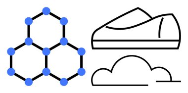 Altıgen desenli ve mavi noktalı moleküler yapı, bulut şeklinin üzerindeki gelecekteki ayakkabı hatları. Teknoloji, bilim, yenilik, spor, gelecekteki tasarımlar, moleküler çalışmalar için ideal.