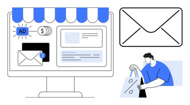 Çevrimiçi alışveriş sitesi olan bilgisayar ekranı, e-posta bildirimleri, reklam ve dolar paraları. Büyük zarf simgesi ve indirimli alışveriş torbaları tutan kişi. Dijital pazarlama için ideal