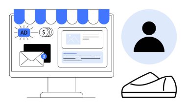 E-ticaret ekranı reklamları, mesaj bildirimleri, para birimi ve kullanıcı profili silueti bir ayakkabının yanında. Çevrimiçi alışveriş, reklam, e-posta pazarlama ve dijital için ideal