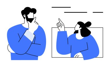 İki meslektaş tartışıyorlar. Erkek figürünün düşündüğü gibi yukarı bakan bir kadın figürü. Takım çalışması, beyin fırtınası, karar verme, ofis iletişimi, işbirliği, iş stratejisi için ideal