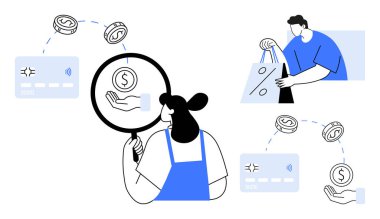 Para tutan bir eli incelemek için büyüteç kullanan bir kadın, kredi kartları, bozuk paralar ve alışveriş torbaları tutan bir adam. Finans, bankacılık, harcama analizi, bütçe denetimi için ideal