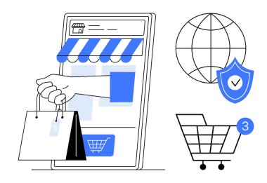 Mobil cihazdan, güvenlik kalkanından, küreden ve alışveriş arabasından gelen el çantaları. E-ticaret, çevrimiçi alışveriş, mobil uygulamalar, dijital güvenlik, küresel ticaret müşterisi için ideal