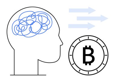 Beyin bölgesinde dolambaçlı mavi çizgileri olan bir insan kafası, bozuk paranın içinde Bitcoin sembolü ve akışı gösteren üç ok. Engelleme zinciri, finans, teknoloji, yenilik ve dijital için ideal