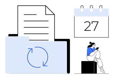 Tazeleme sembollü bir belge içeren klasör, takvim 27, kişi oturuyor ve tablet kullanıyor. Belge organizasyonu, verimlilik, zaman yönetimi, ofis çalışması, dijitalleştirme için ideal