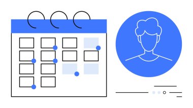 İsimsiz profil avatarının yanında işaretli tarihleri olan takvim. Randevu zamanlaması, kişisel planlama, proje yönetimi, takım koordinasyonu, kullanıcı profilleri, zaman yönetimi, günlük programlar için ideal