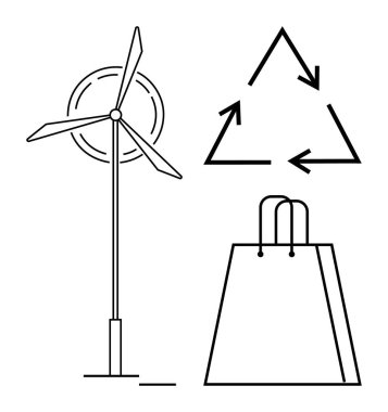 Temiz enerji üreten rüzgar türbini, sürdürülebilirliği destekleyen geri dönüşüm sembolü ve çevre dostu tüketimi temsil eden alışveriş torbası. Çevresel farkındalık, sürdürülebilirlik ve yenilenebilir enerji için ideal