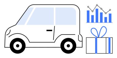 Hediye kutusu ve yükselen eğilimli bar grafiğinin yanında küçük bir araba. Tatil alışverişi, dağıtım hizmetleri, lojistik, satış analizi, e-ticaret, şenlikli promosyonlar, iş stratejisi için ideal. Satır metaforu