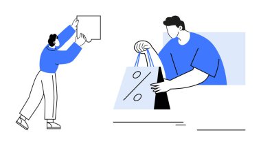 Yüzdelik alışveriş torbası tutan kişi, diğeri de tabela tutuyor. Perakende satış, ecomce, pazarlama, reklamlar, promosyonlar, tatil indirimleri tüketici davranışları için idealdir. Satır metaforu