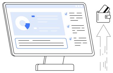 Bilgisayar monitörü turta grafiği ve kontrol listesi, yakınlardaki cüzdanda kredi kartları ve yükselen ok gösteriyor. Mali analiz, iş stratejisi, kişisel finans ve verimlilik için ideal