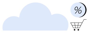 Mavi çizgili bulut, alışveriş arabası ve indirimleri ve teklifleri gösteren yüzde işareti. Çevrimiçi alışveriş, e-ticaret, perakende satış, pazarlama, dijital hizmetler, promosyonlar ve bulutlar için ideal