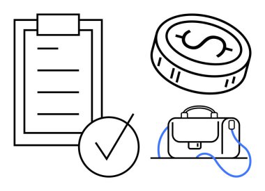 Clipboard with checklist, large coin, check mark, and briefcase representing structured financial management. Ideal for business strategy, project planning, financial analysis, task organization clipart