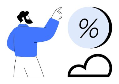 Bulut simgesinin yanındaki büyük bir yüzdeyi işaret eden kişi. Veri analizi, bulut hesaplama, finans, iş stratejisi, teknoloji, finansal planlama, eğitim için ideal. Satır metaforu