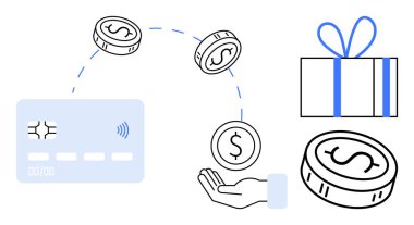 Kredi kartı işlemi madeni paralar ve hediye kutusuyla temsil ediliyor. E-ticaret, bankacılık, dijital işlemler, çevrimiçi alışveriş, mali ödüller, güvenli ödemeler için ideal