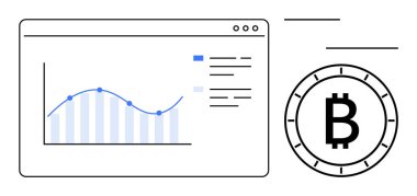 Bitcoin fiyat grafiği ve performans çizgisi grafiği tarayıcı penceresinde Bitcoin logosunun yanında. Finans, yatırım, kripto para birimi, blok zinciri, veri analizi, teknoloji, dijital ekonomi için ideal. Çizgi