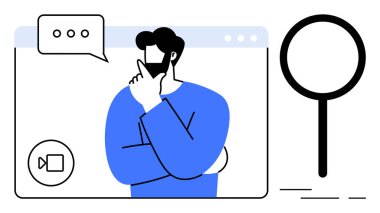 Görüntülü arama penceresinde, elleri çenesinde, konuşma balonu elips şeklinde, cam ikonu büyüterek düşünen biri. İletişim, strateji, problem çözme, dijital toplantılar, beyin fırtınası için ideal