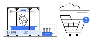 3D yazıcı, alışveriş arabası olan dijital bir bulutun yanında kalp modeli üretiyor. Sağlık, teknoloji, tıbbi gelişmeler, e-ticaret, online alışveriş, yenilik ve geleceğin teknolojisi için idealdir. Çizgi
