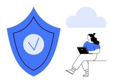 Dizüstü bilgisayarında çalışan bir kadın, büyük boy bir kalkanın yanında, işaretli ve bulutlu. Siber güvenlik, veri koruması, çevrimiçi mahremiyet, bulut hesaplama, uzaktan çalışma, güvenli bağlantı, dijital