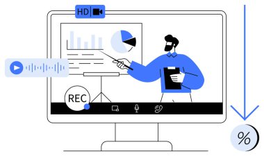 Hoparlör bilgisayar ekranında veri grafikleri ve grafikleri sunuyor. Kayıt ve çağrı simgeleri, ses dalgası ve yüzde sembolü içerir. Webinarlar, çevrimiçi toplantılar, eğitim dersleri için ideal