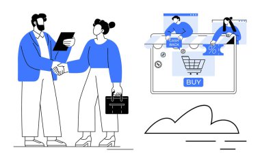 İş adamları el sıkışıyor, biri tablet tutuyor, diğeri evrak çantası. Alışveriş arabasıyla e-ticaret arayüzü, nakit para, indirim, satın alma düğmesi. İş ve e-ticaret için ideal.