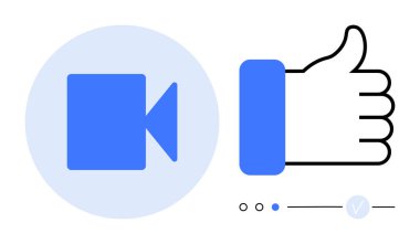 Büyük baş parmaklı mavi video kamera ikonu. Video onaylama, içerik oluşturma, çevrimiçi toplantılar, yayın, sosyal medya etkileşimi, geri bildirim ve video doğrulama için ideal. Satır metaforu