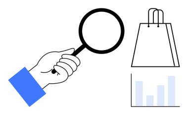 Elinde bir büyüteç, alışveriş torbası, veri analizini temsil eden bir çizelge var. İş analitiği, e-ticaret, piyasa araştırması, tüketici davranışı, veri yorumlaması, perakende sektörü için ideal